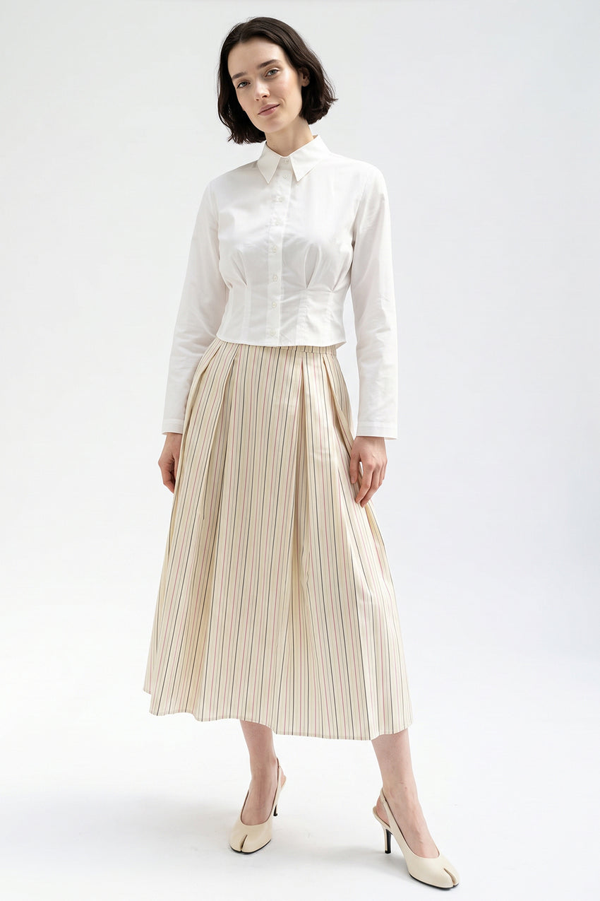 Pleated Elasticated Back Pocket Midi Skirt - BEIGE