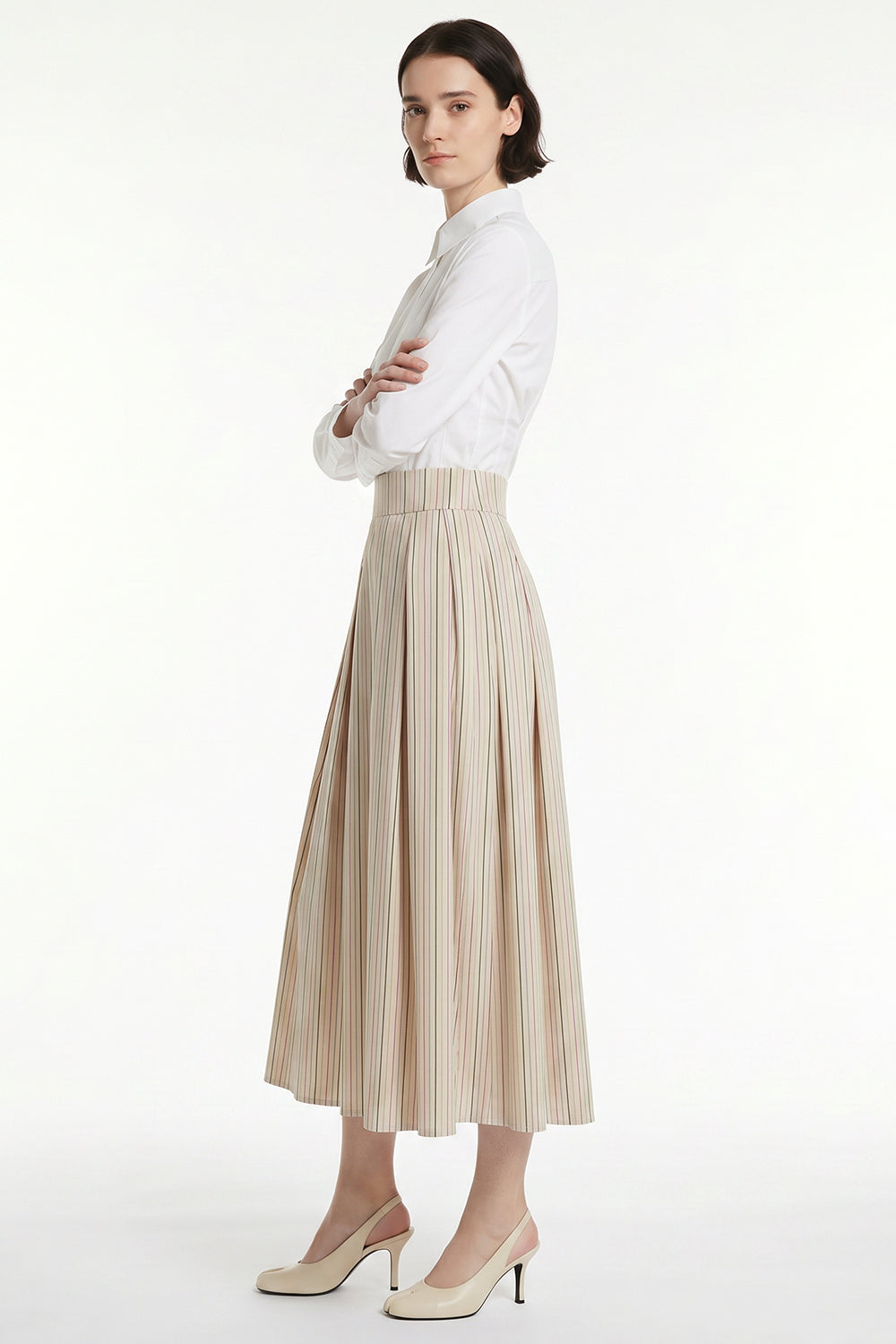 Pleated Elasticated Back Pocket Midi Skirt - BEIGE