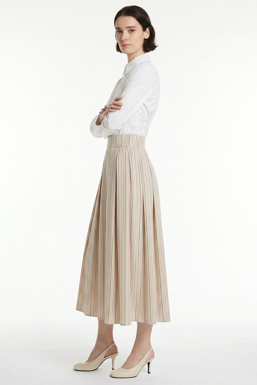 Pleated Elasticated Back Pocket Midi Skirt - BEIGE