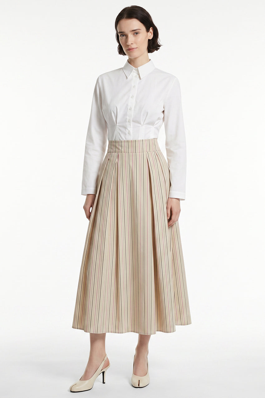 Pleated Elasticated Back Pocket Midi Skirt - BEIGE
