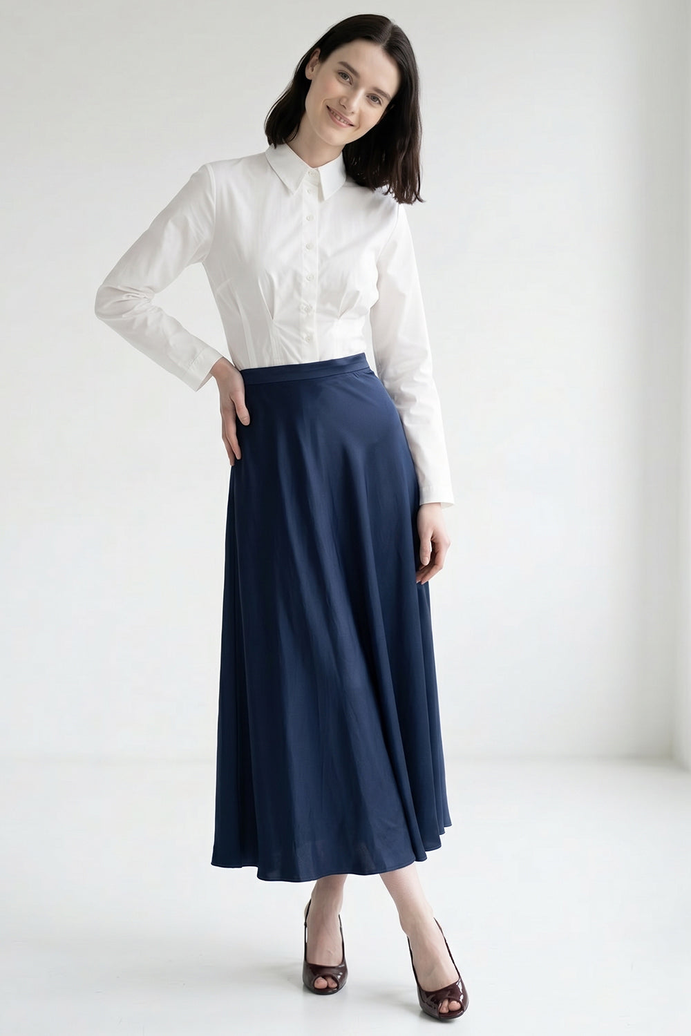 A Line Zippered Regular Midi Woven Skirt - NAVY BLUE