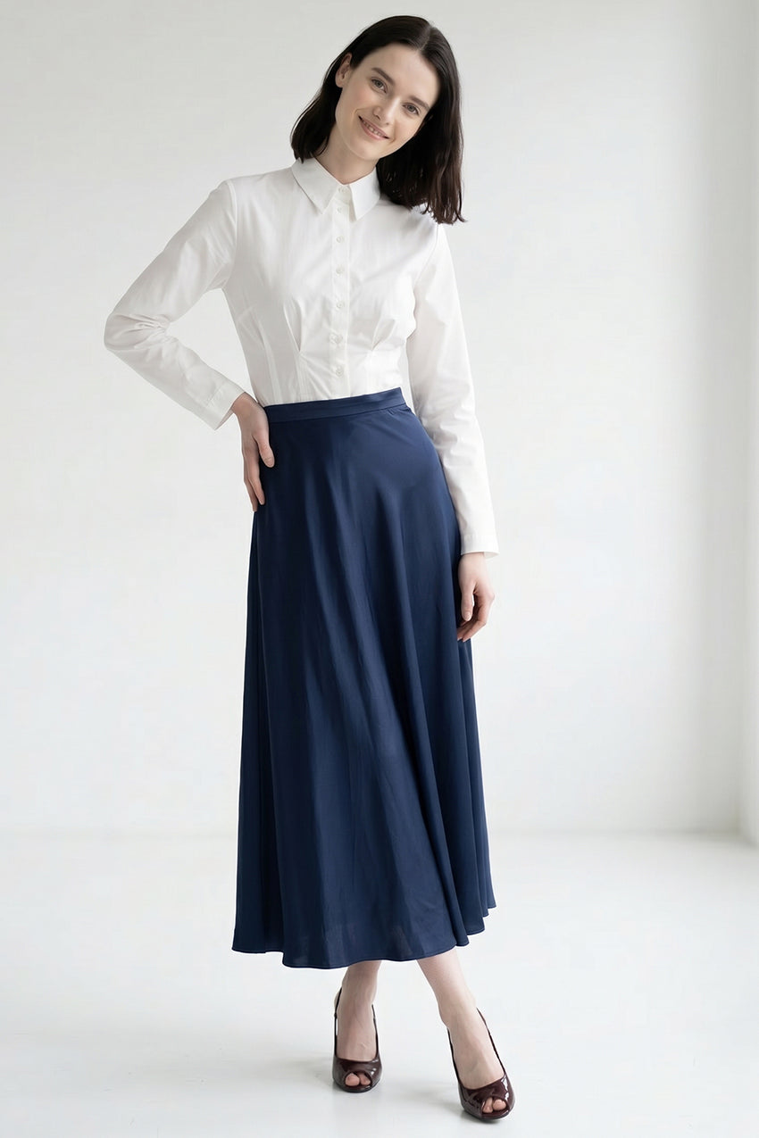 A Line Zippered Regular Midi Woven Skirt - NAVY BLUE