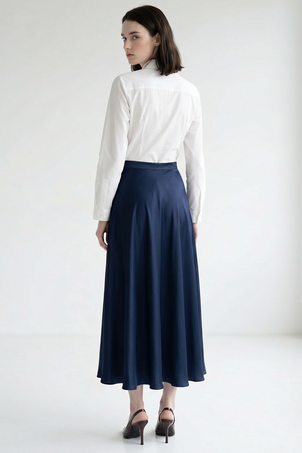 A Line Zippered Regular Midi Woven Skirt - NAVY BLUE