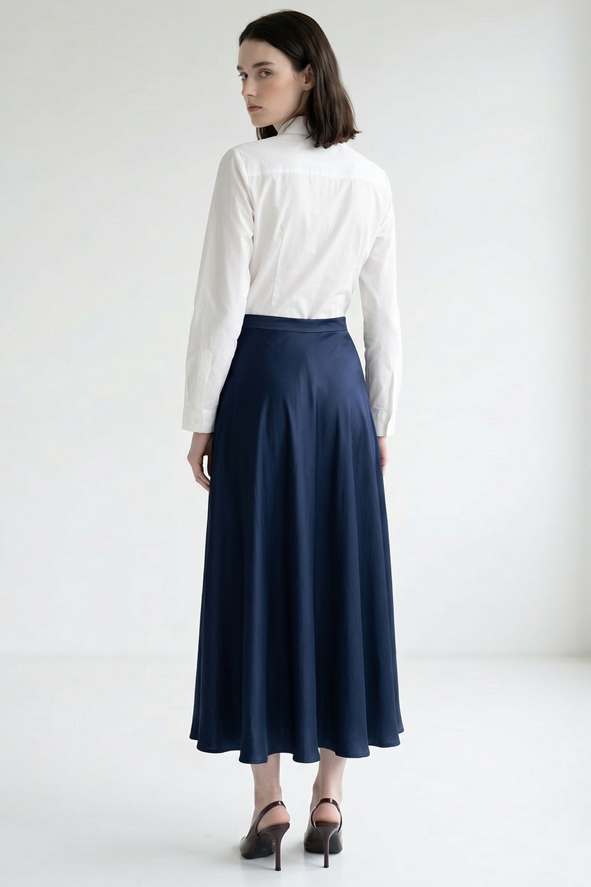 A Line Zippered Regular Midi Woven Skirt - NAVY BLUE