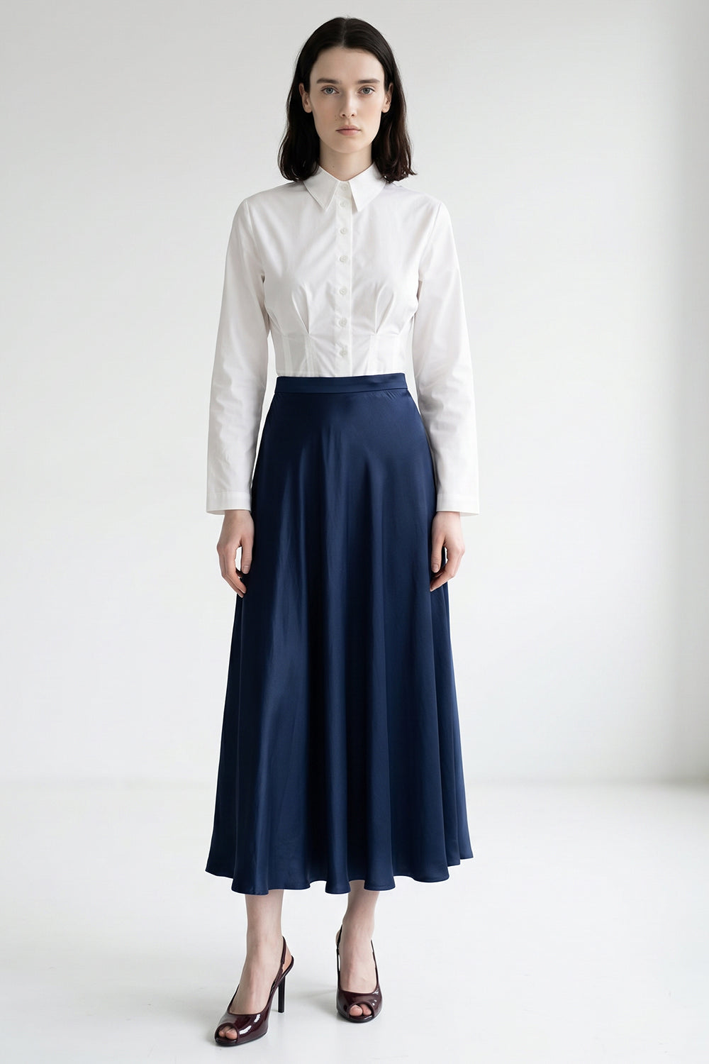 Nayaine A Line Zippered Midi Skirt - Navy Blue