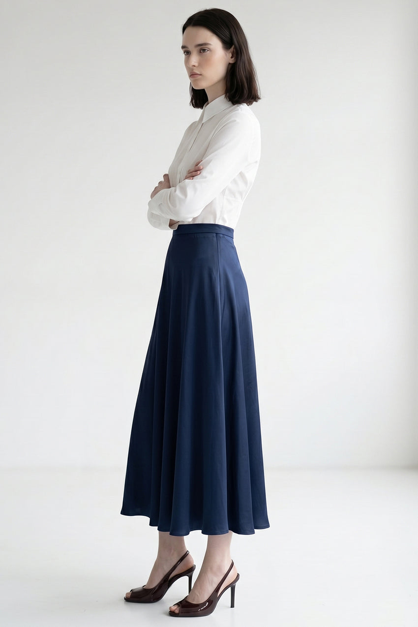 A Line Zippered Regular Midi Woven Skirt - NAVY BLUE