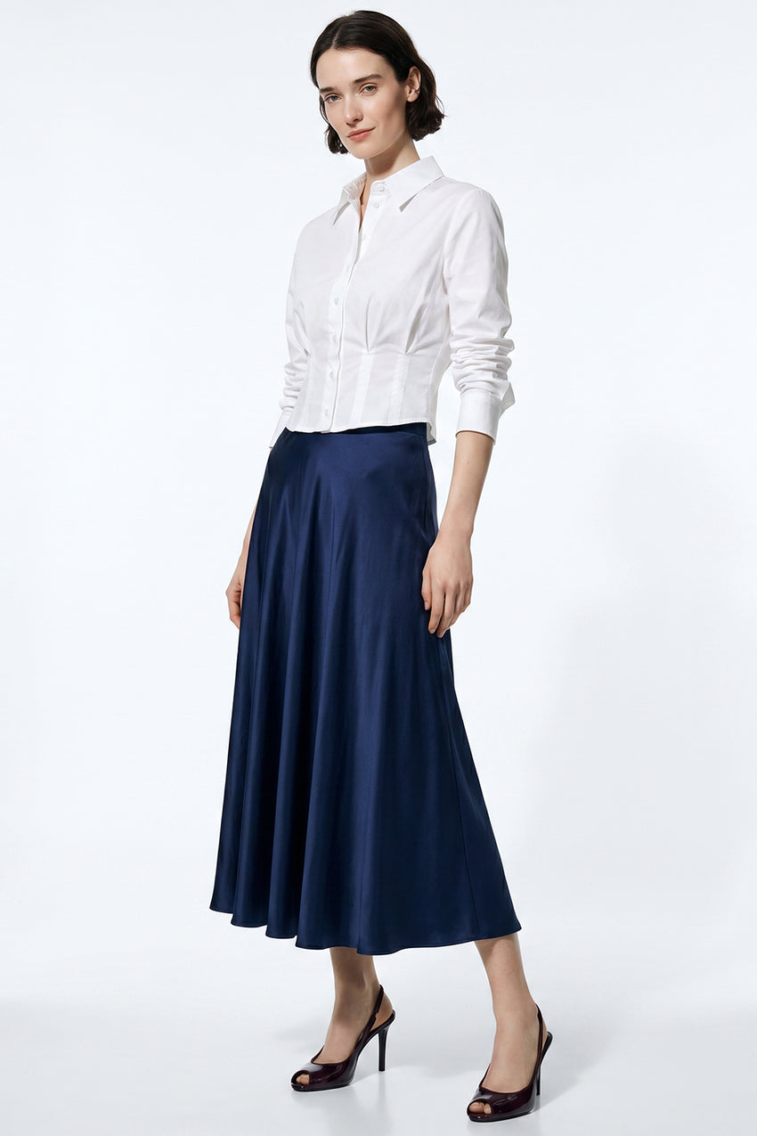 A Line Zippered Regular Midi Woven Skirt - NAVY BLUE