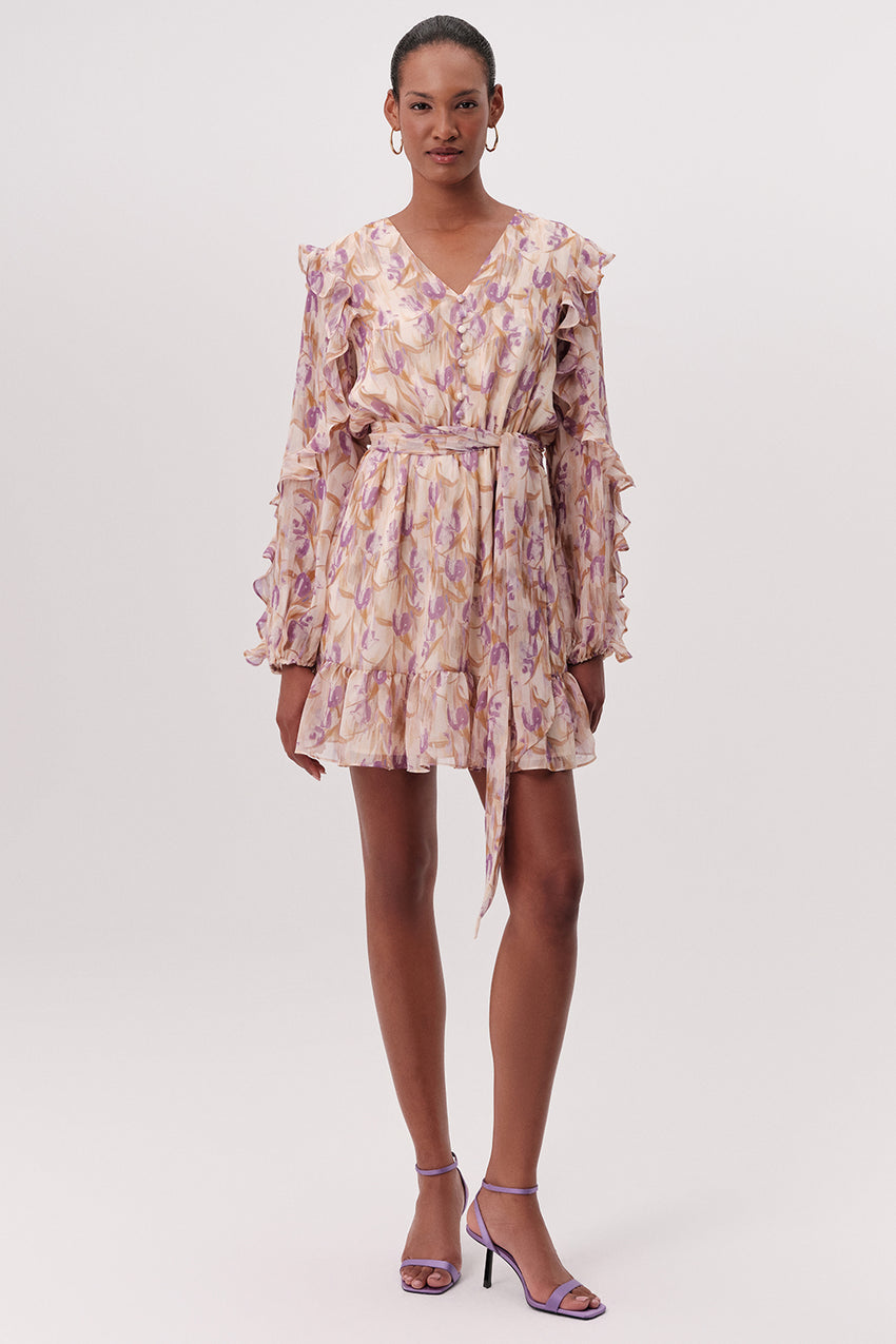 V Neck Belted Lined Regular Mini Dress - MULTI COLOR