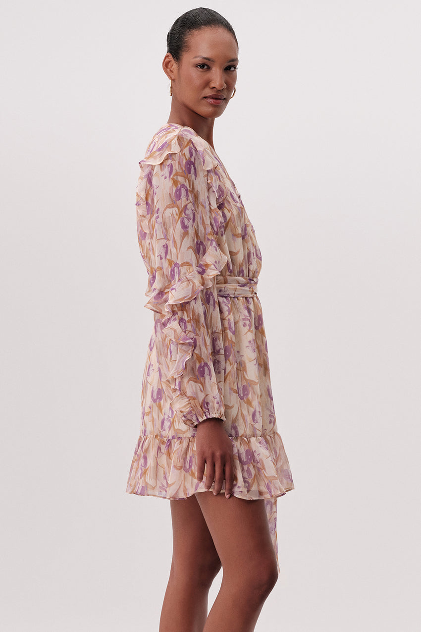 V Neck Belted Lined Regular Mini Dress - MULTI COLOR
