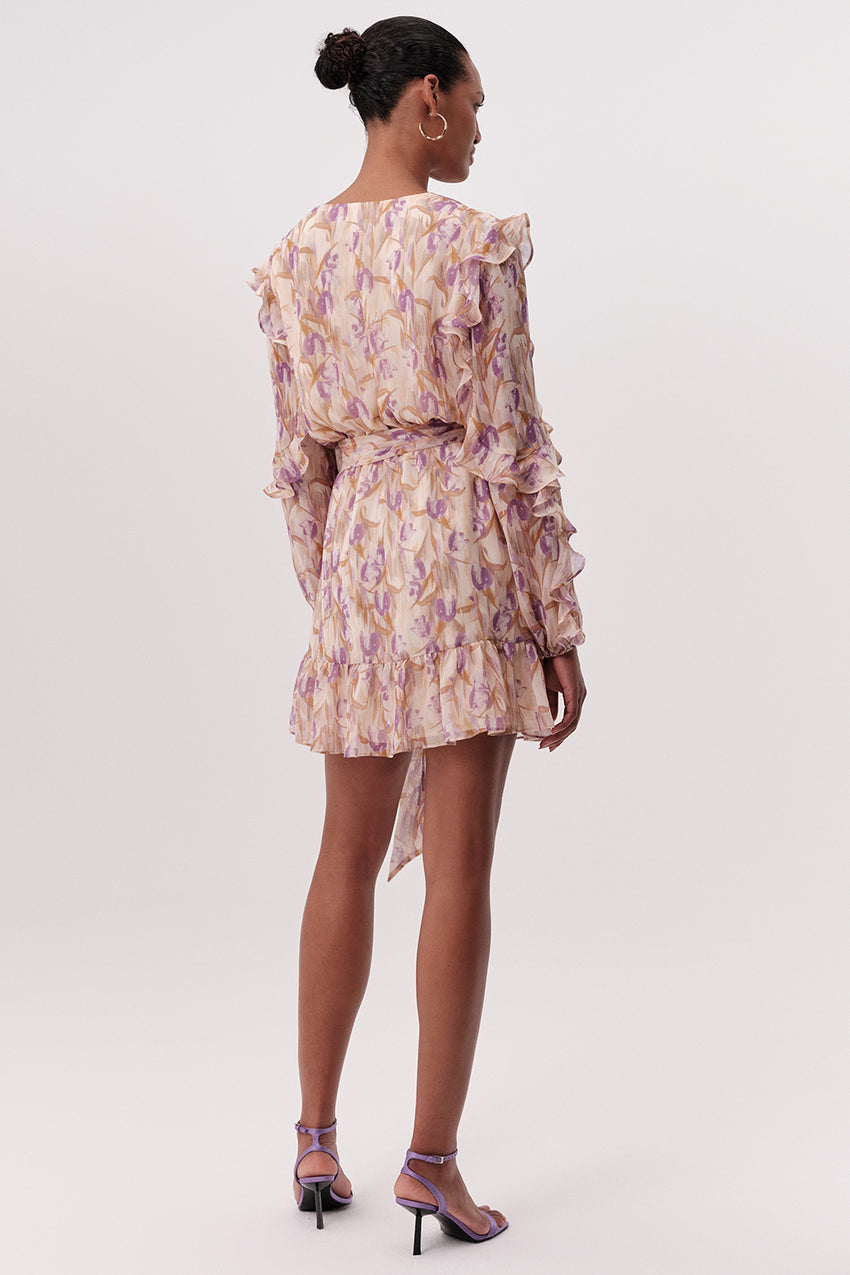 V Neck Belted Lined Regular Mini Dress - MULTI COLOR