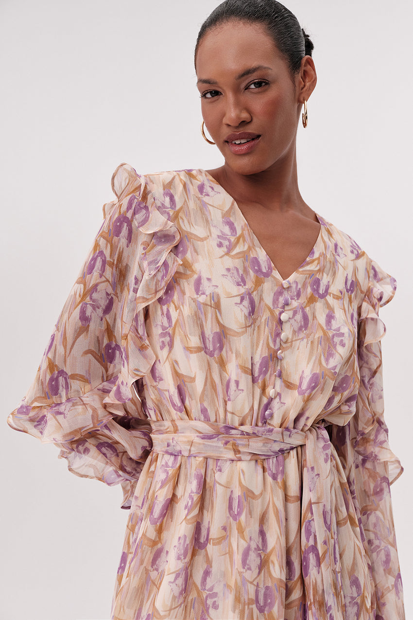 V Neck Belted Lined Regular Mini Dress - MULTI COLOR