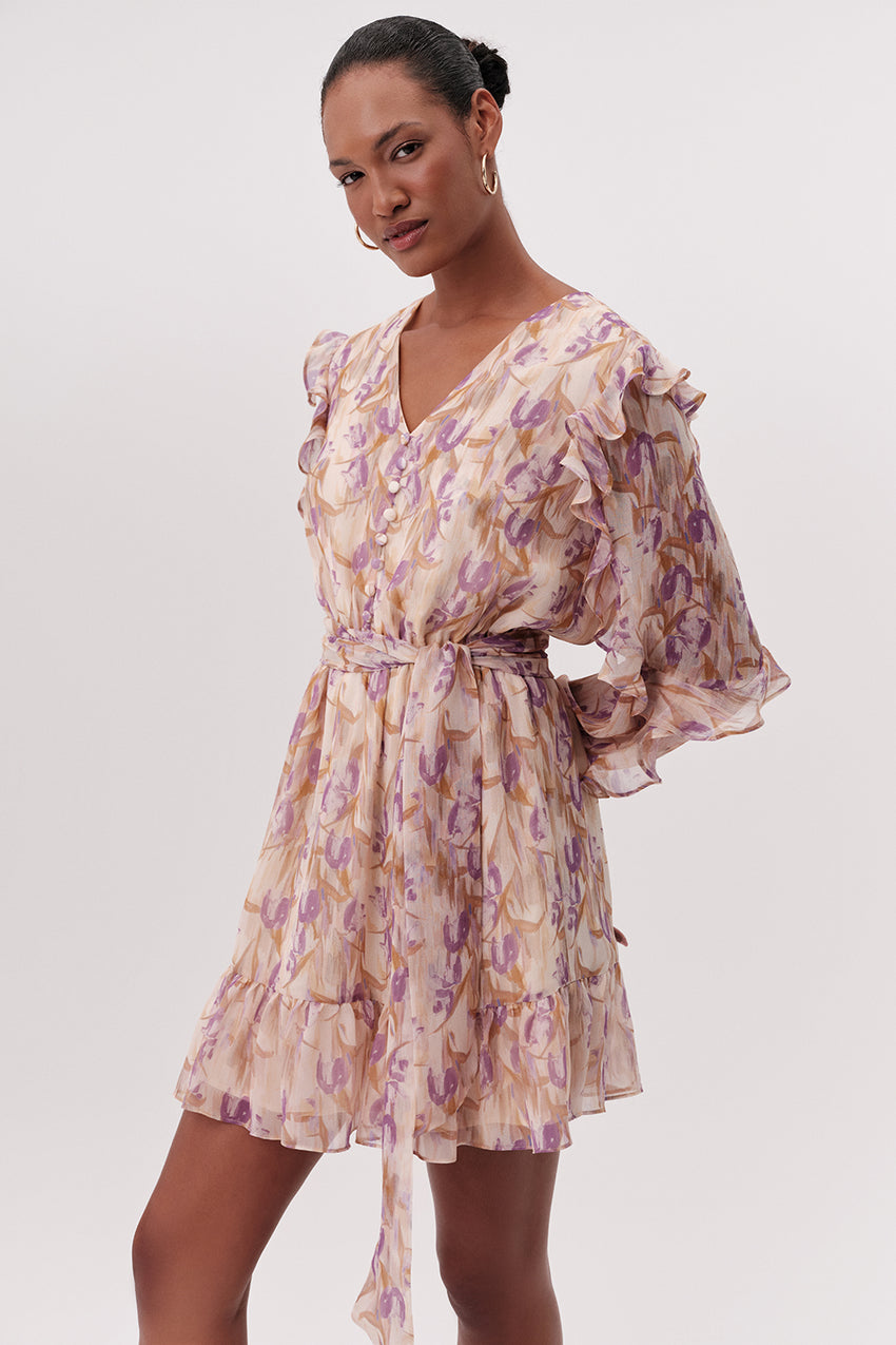 V Neck Belted Lined Regular Mini Dress - MULTI COLOR