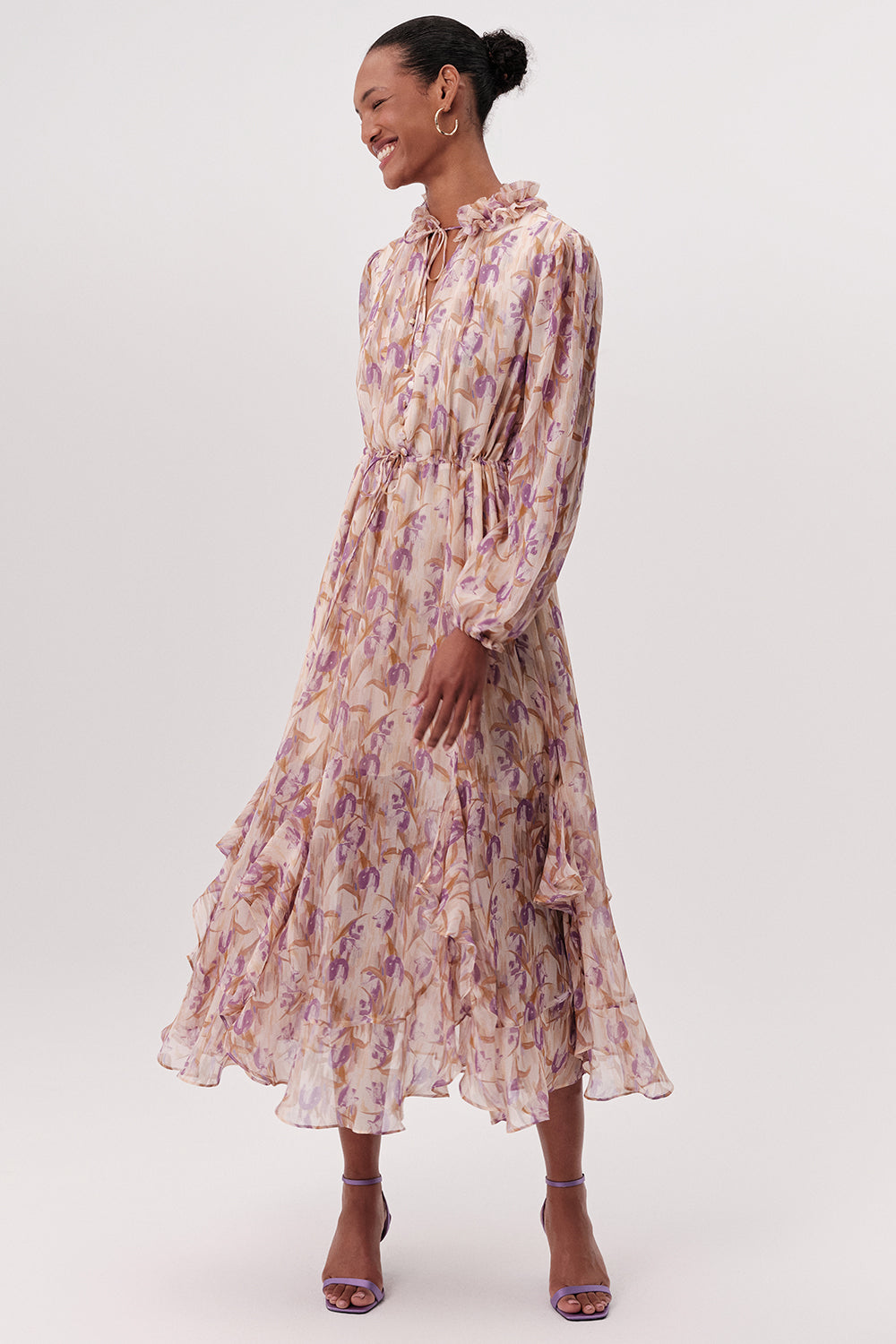 Long Sleeve Tie Waist Tiered Midi Dress - MULTI COLOR