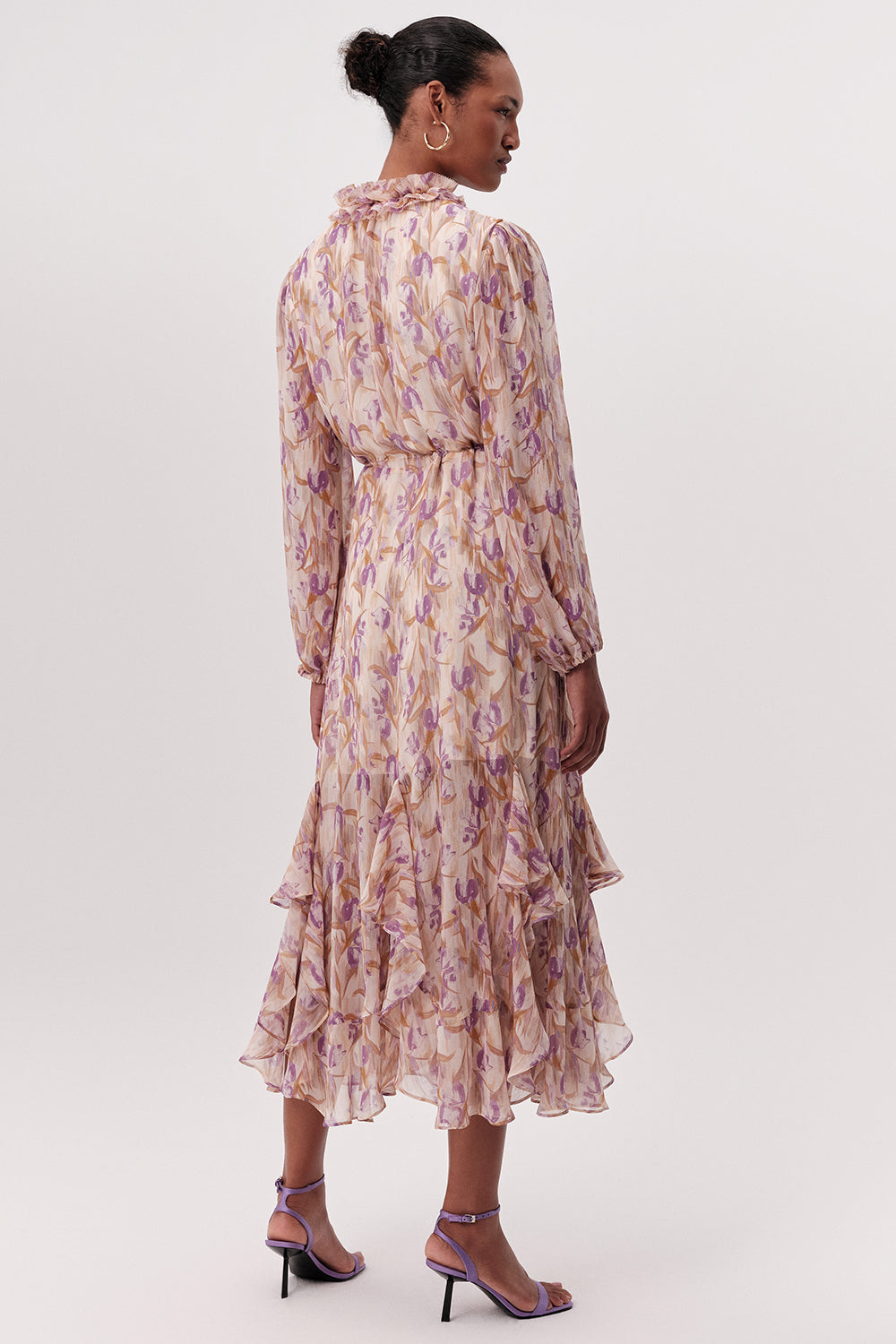 Long Sleeve Tie Waist Tiered Midi Dress - MULTI COLOR