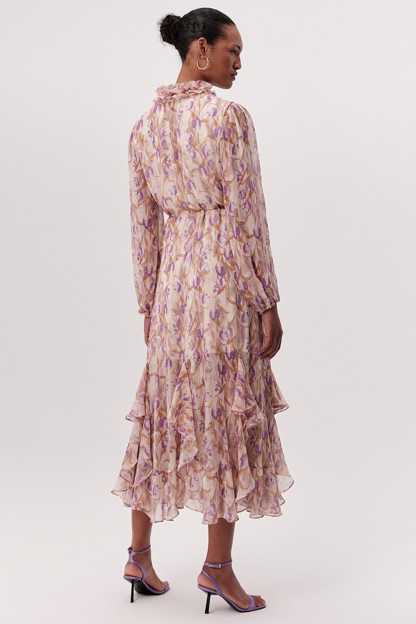 Long Sleeve Tie Waist Tiered Midi Dress - MULTI COLOR