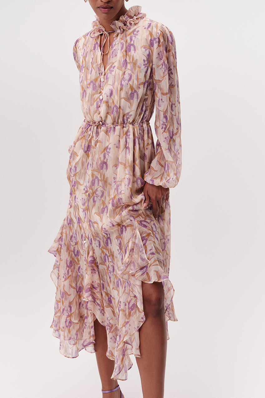 Long Sleeve Tie Waist Tiered Midi Dress - MULTI COLOR
