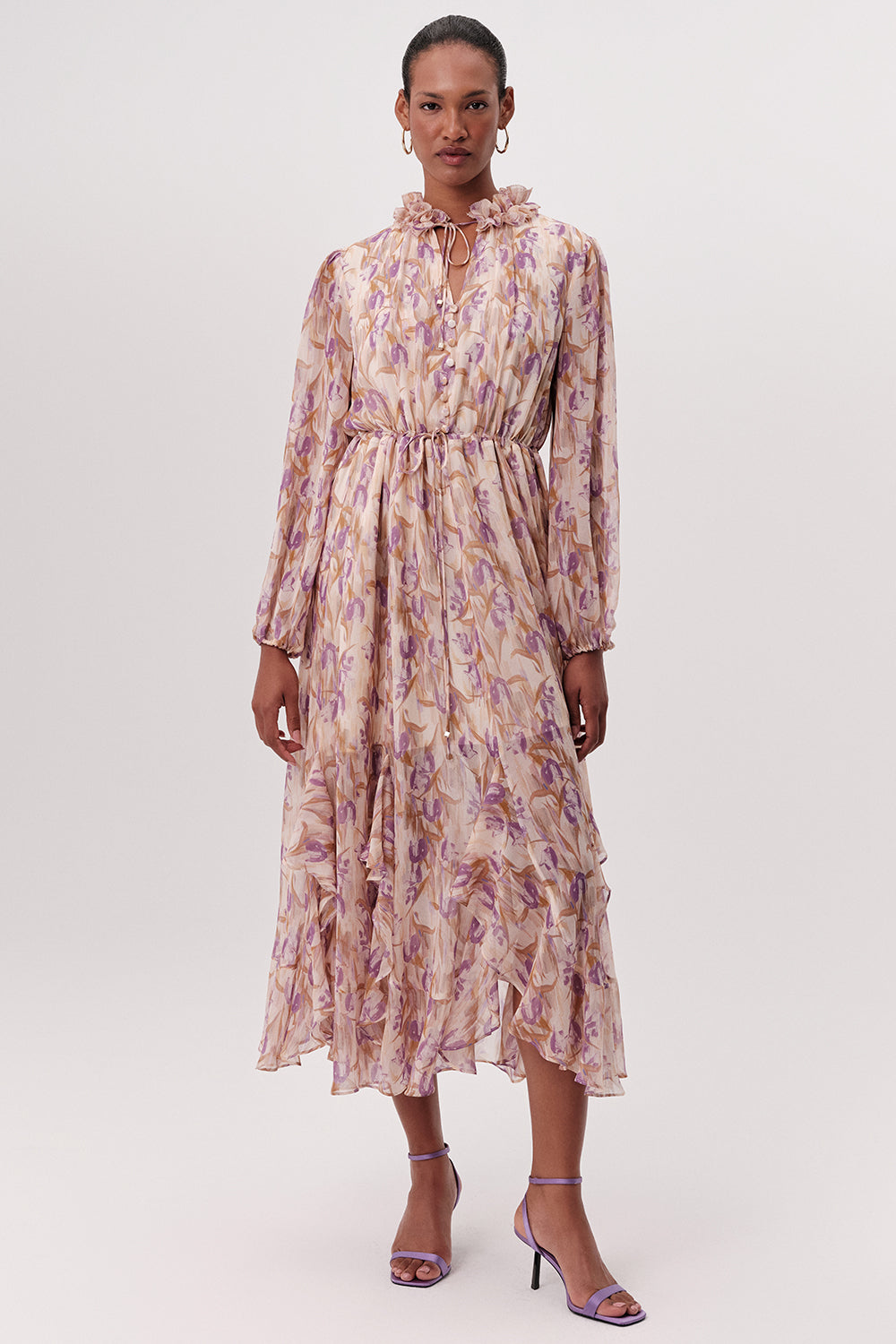 Long Sleeve Tie Waist Tiered Midi Dress - MULTI COLOR