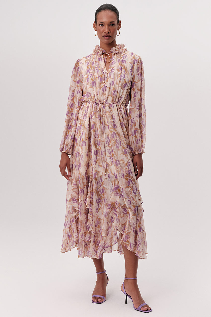 Long Sleeve Tie Waist Tiered Midi Dress - MULTI COLOR