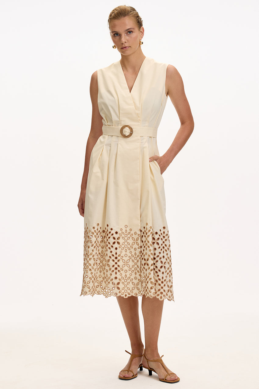 V Neck Midi Dress - CREAM