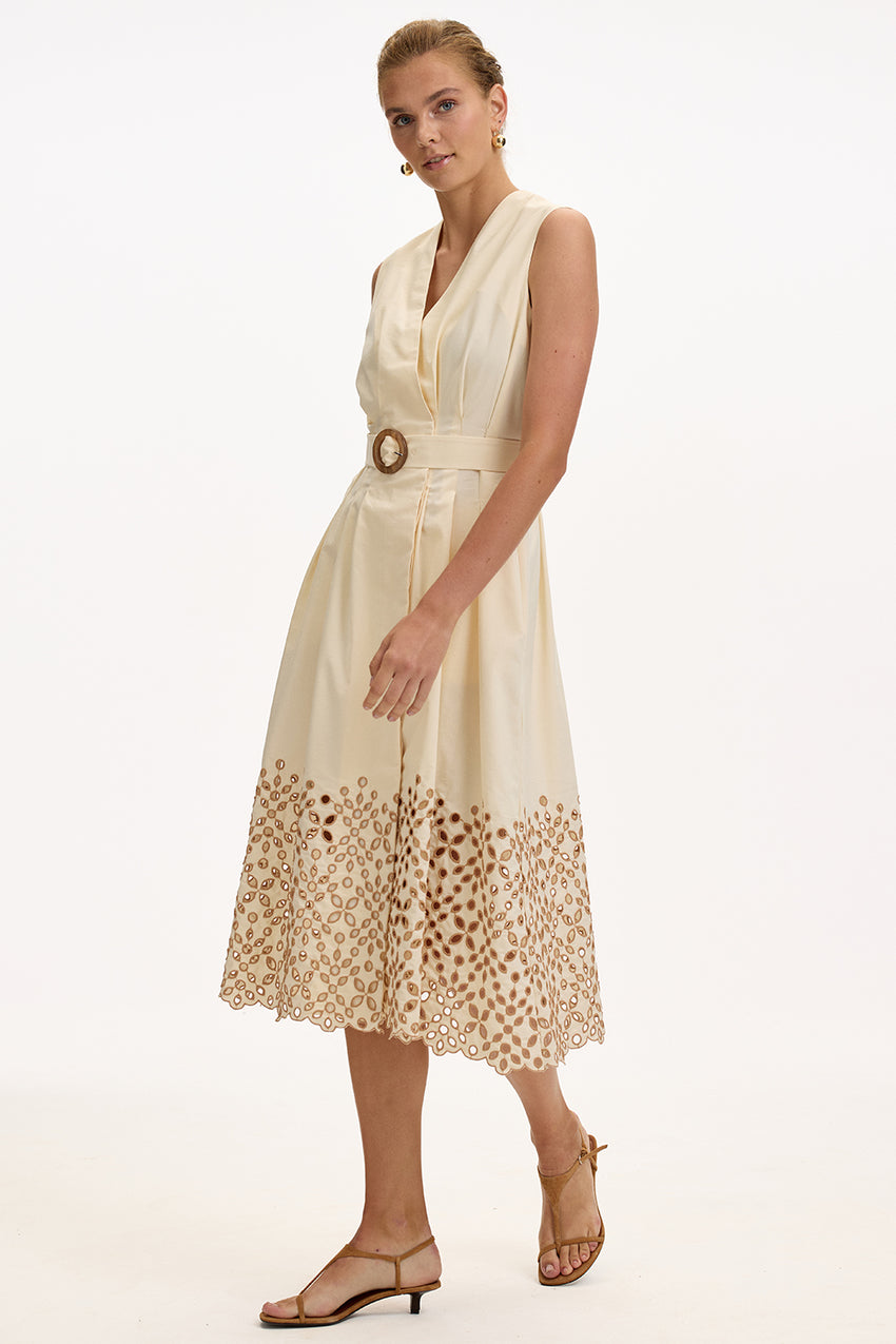 V Neck Midi Dress - CREAM