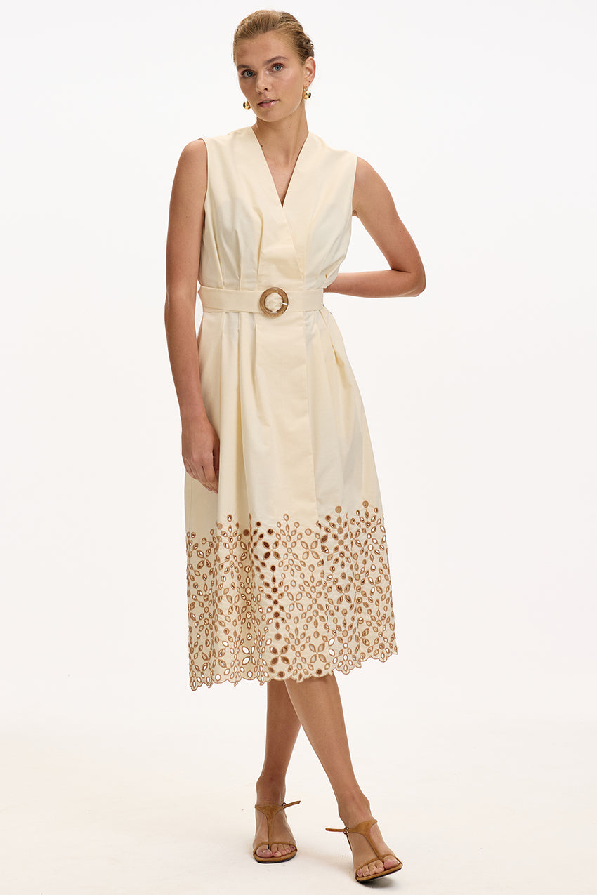 V Neck Midi Dress - CREAM