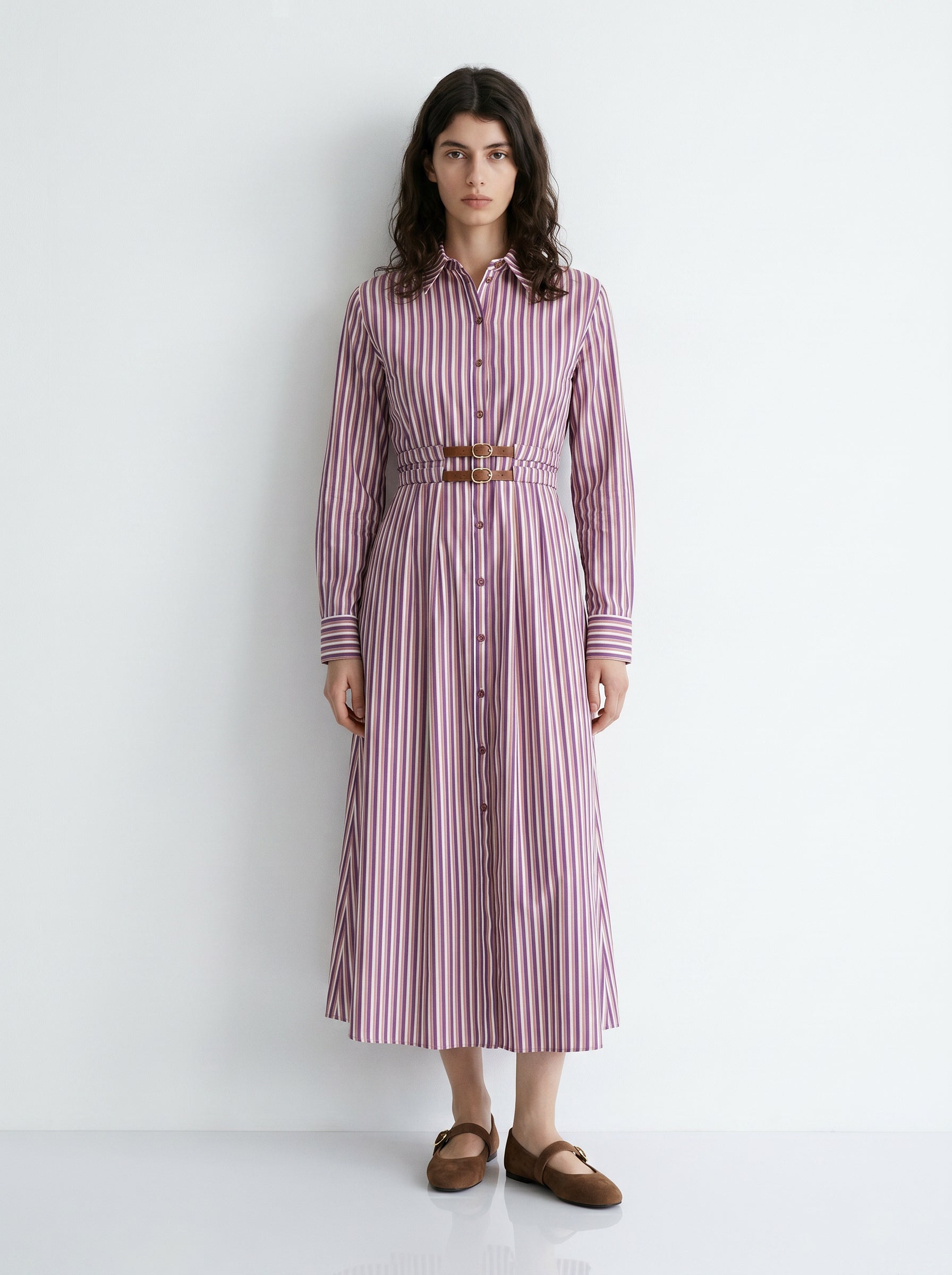Belted Shirt Collar Pocket Midi Dress - MULTI COLOR