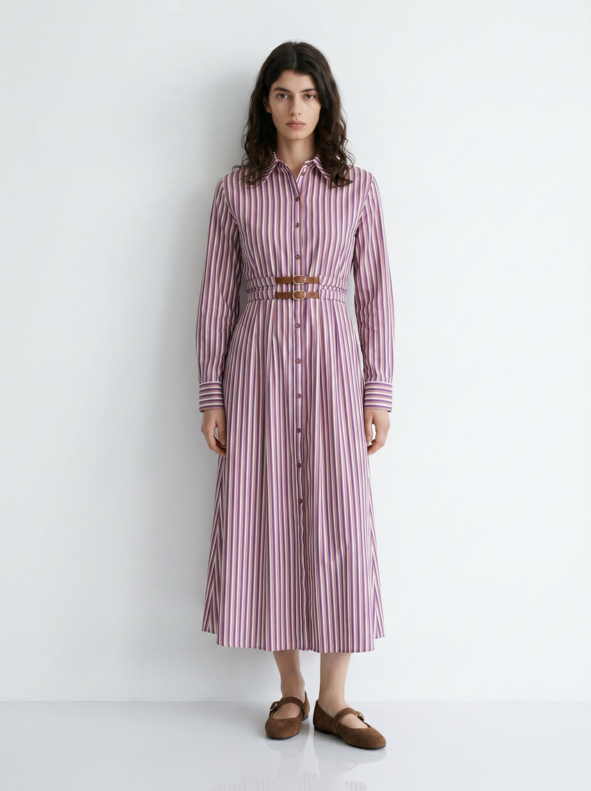 Belted Shirt Collar Pocket Midi Dress - MULTI COLOR