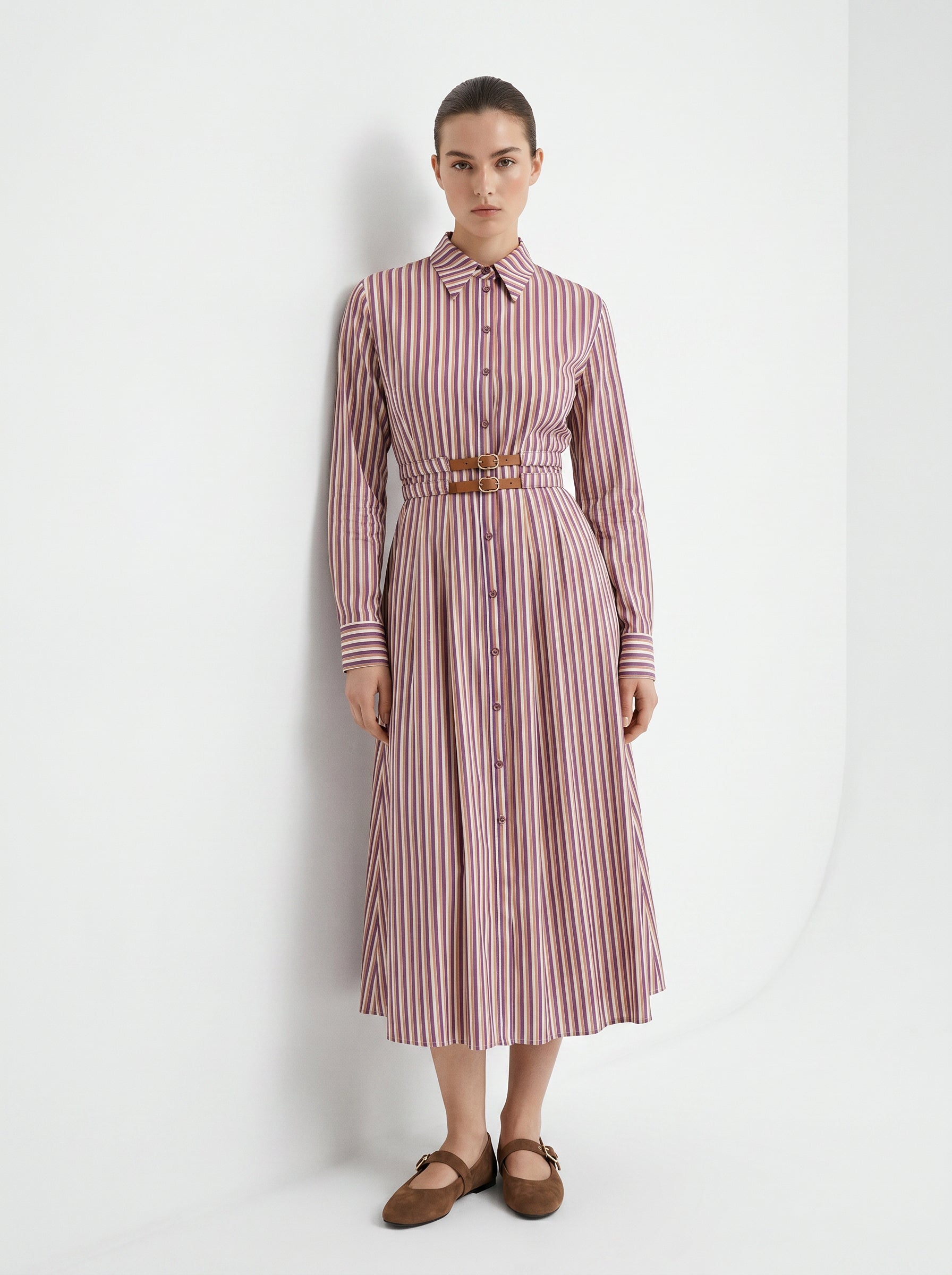 Belted Shirt Collar Pocket Midi Dress - MULTI COLOR