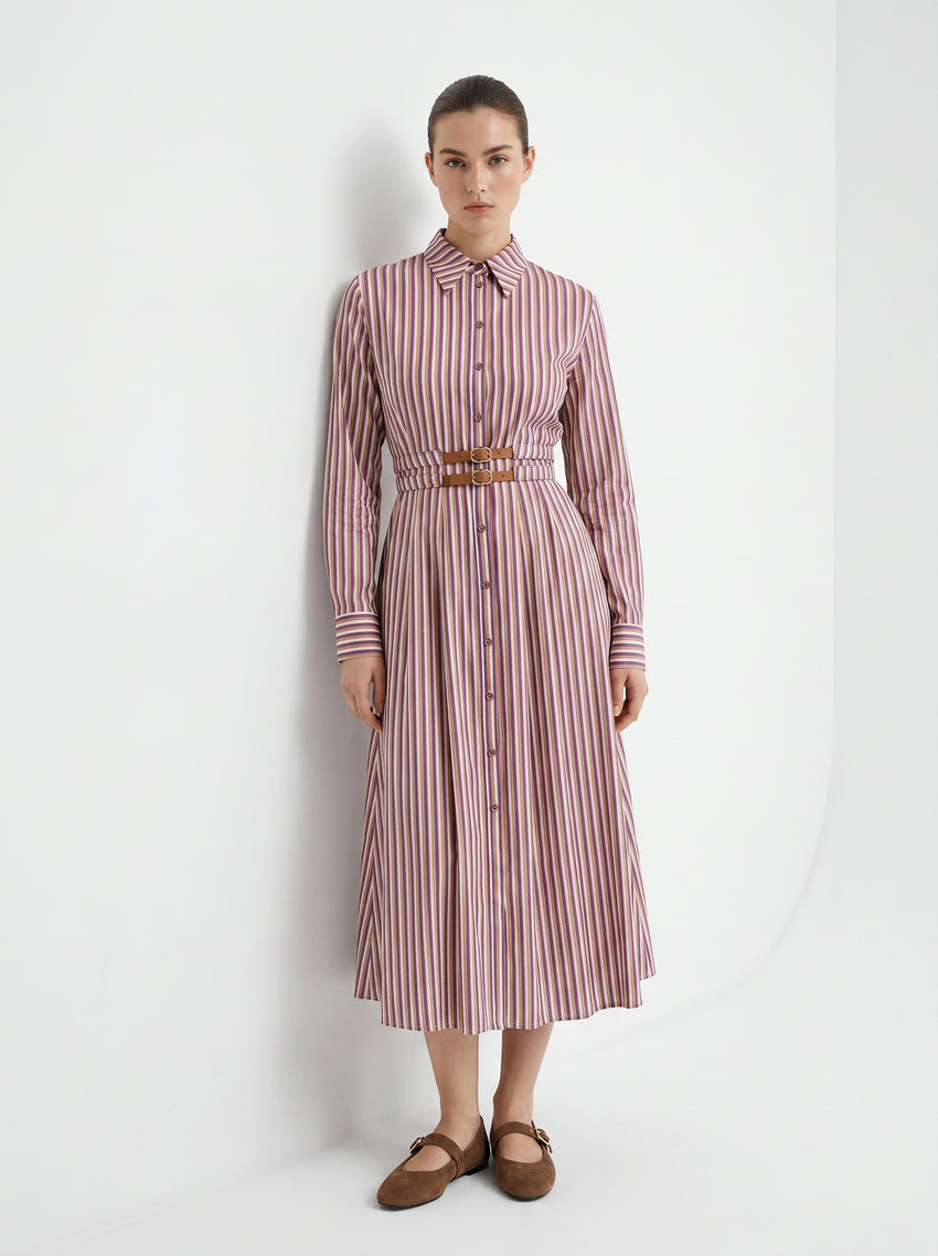 Belted Shirt Collar Pocket Midi Dress - MULTI COLOR