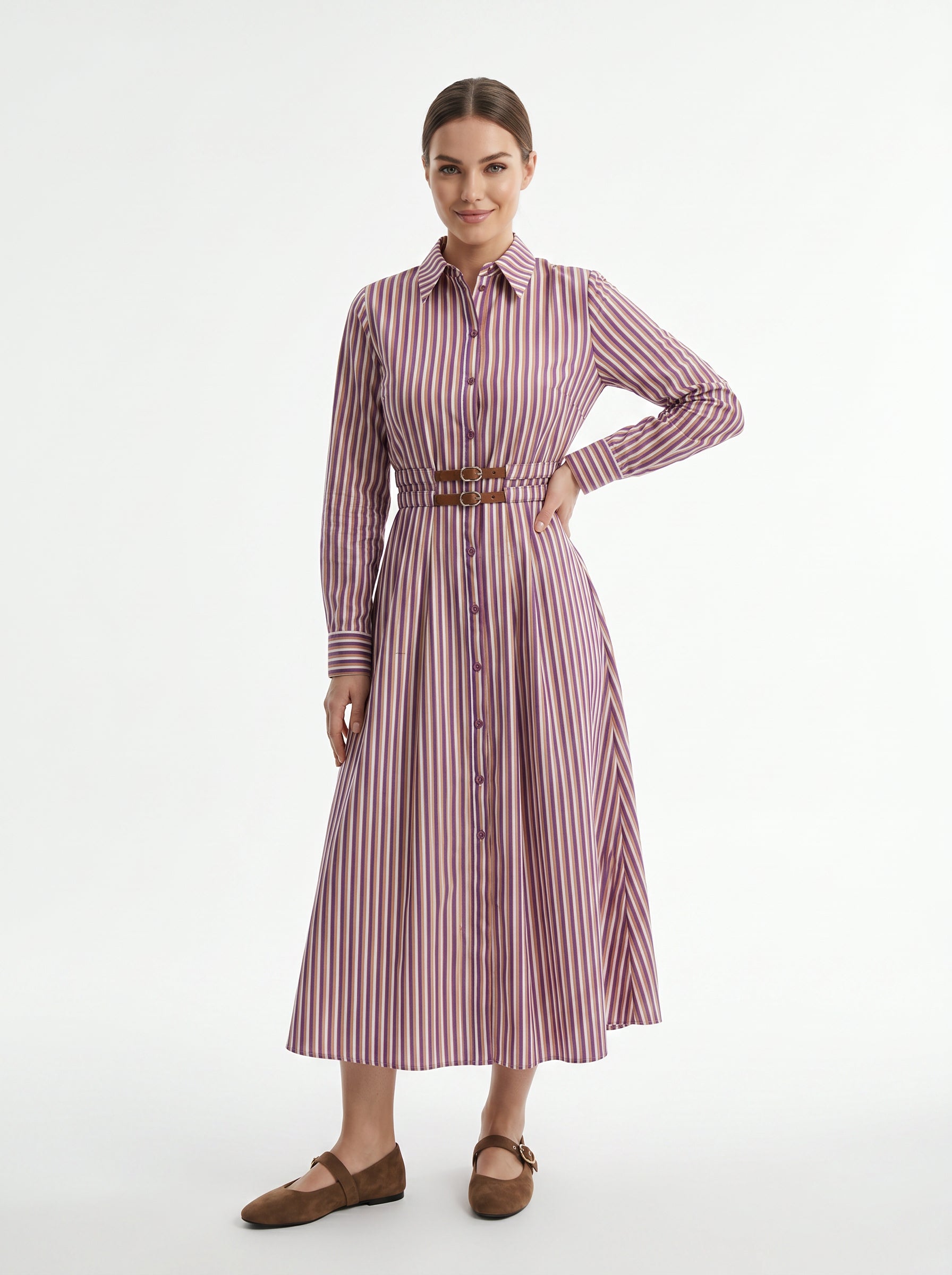 Belted Shirt Collar Pocket Midi Dress - MULTI COLOR