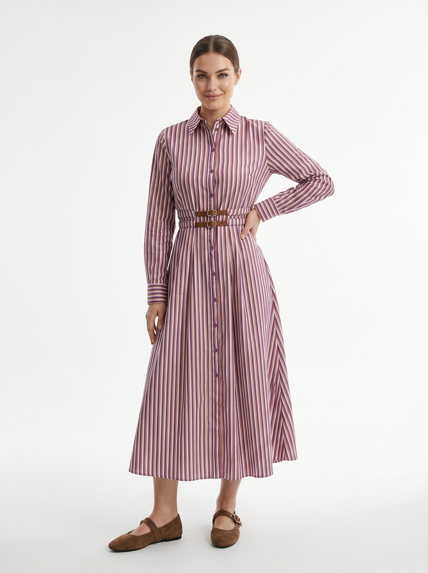 Belted Shirt Collar Pocket Midi Dress - MULTI COLOR