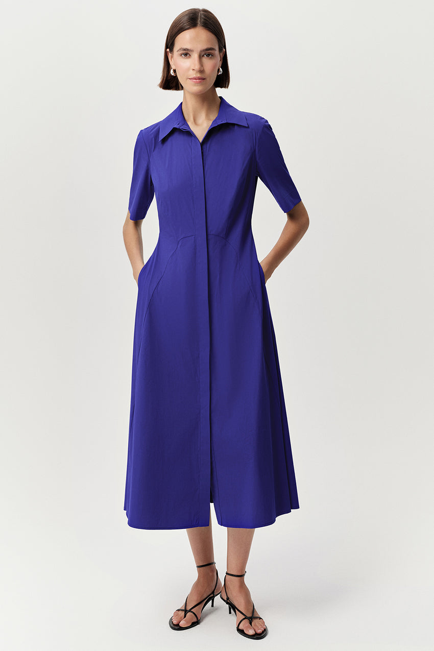 Short Sleeve Shirt Collar Midi Dress - SAX