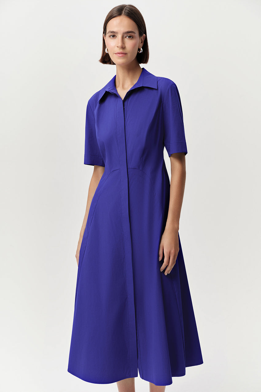 Short Sleeve Shirt Collar Midi Dress - SAX