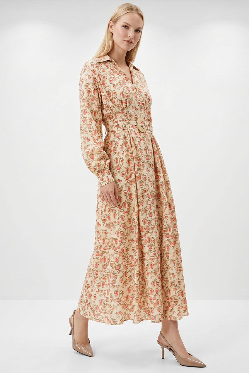 Shirt Collar Belted Pocketed Maxi Dress - MULTI COLOR