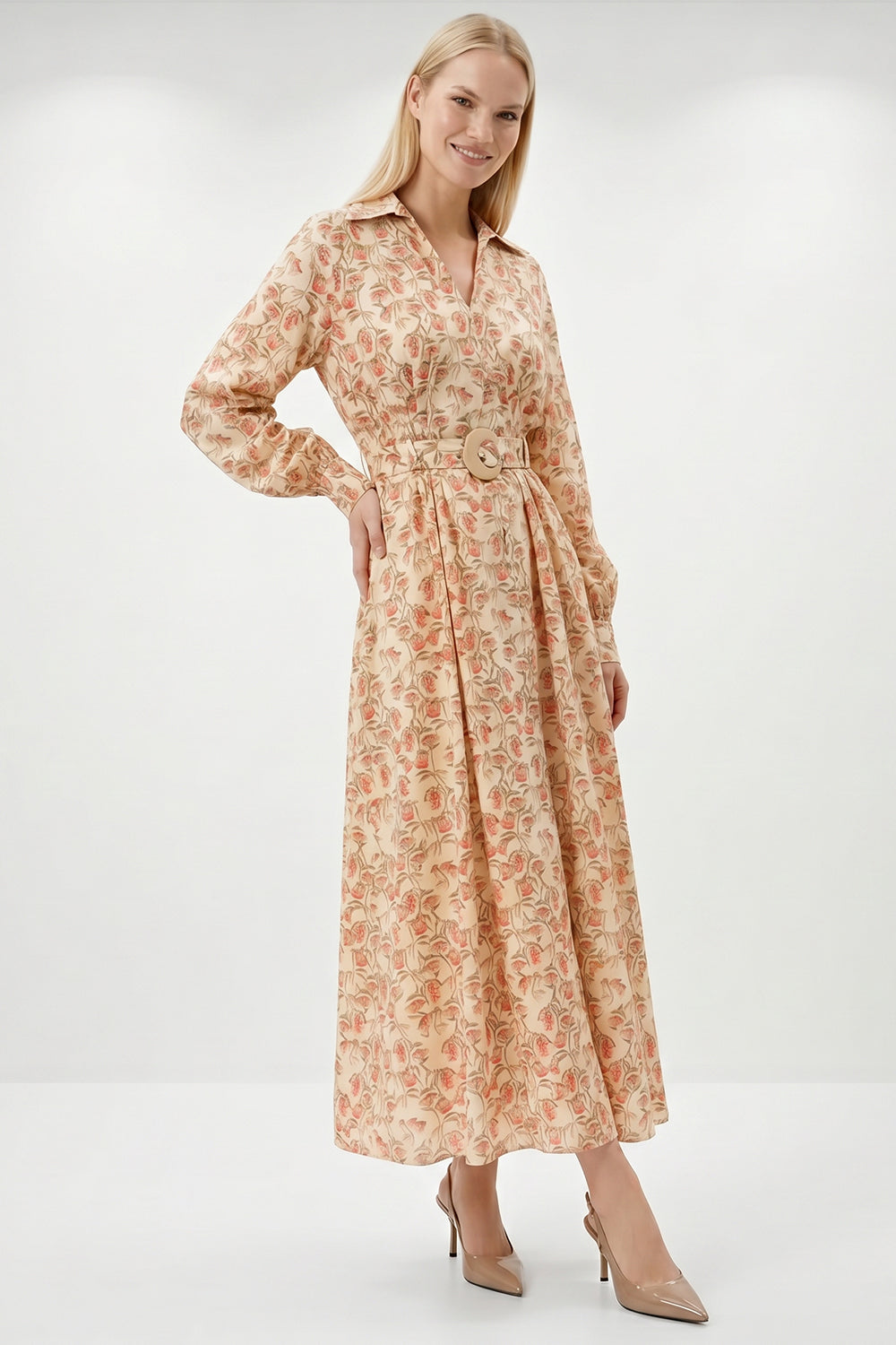 Shirt Collar Belted Pocketed Maxi Dress - MULTI COLOR