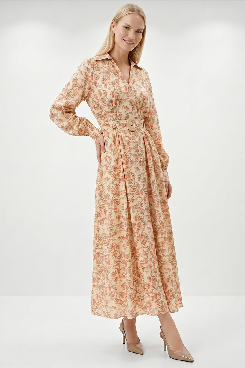 Shirt Collar Belted Pocketed Maxi Dress - MULTI COLOR