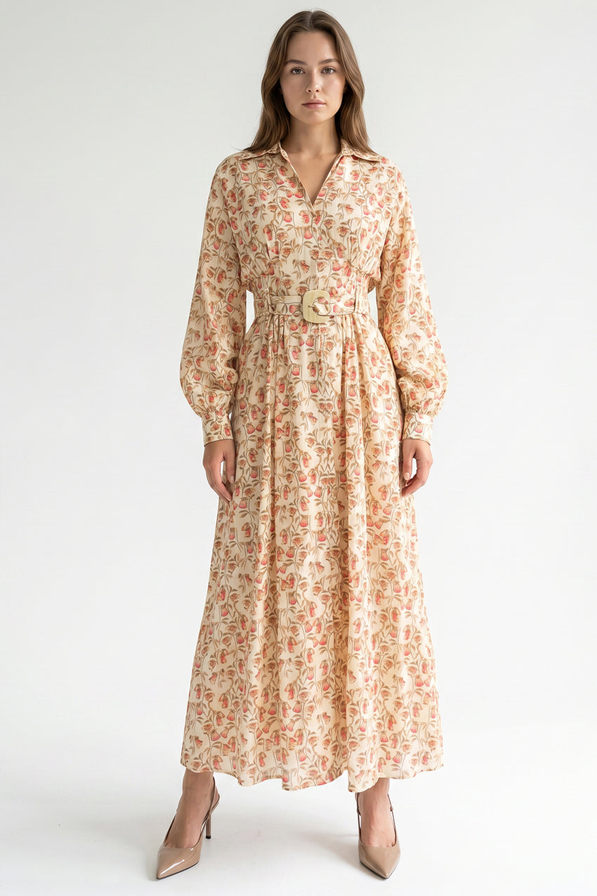 Shirt Collar Belted Pocketed Maxi Dress - MULTI COLOR