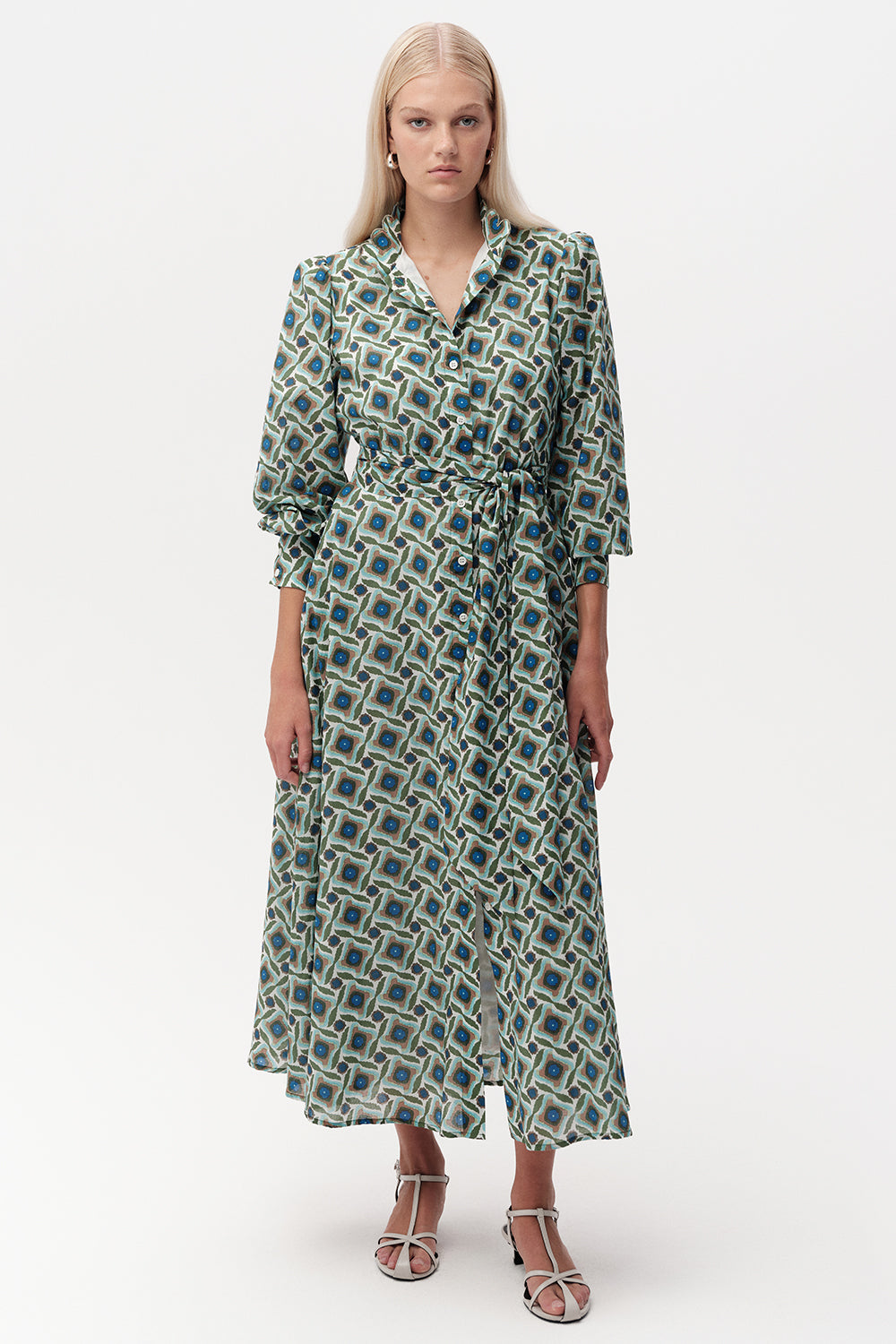 Long Sleeve Embroidered Collar Patterned Midi Dress - MULTI COLOR