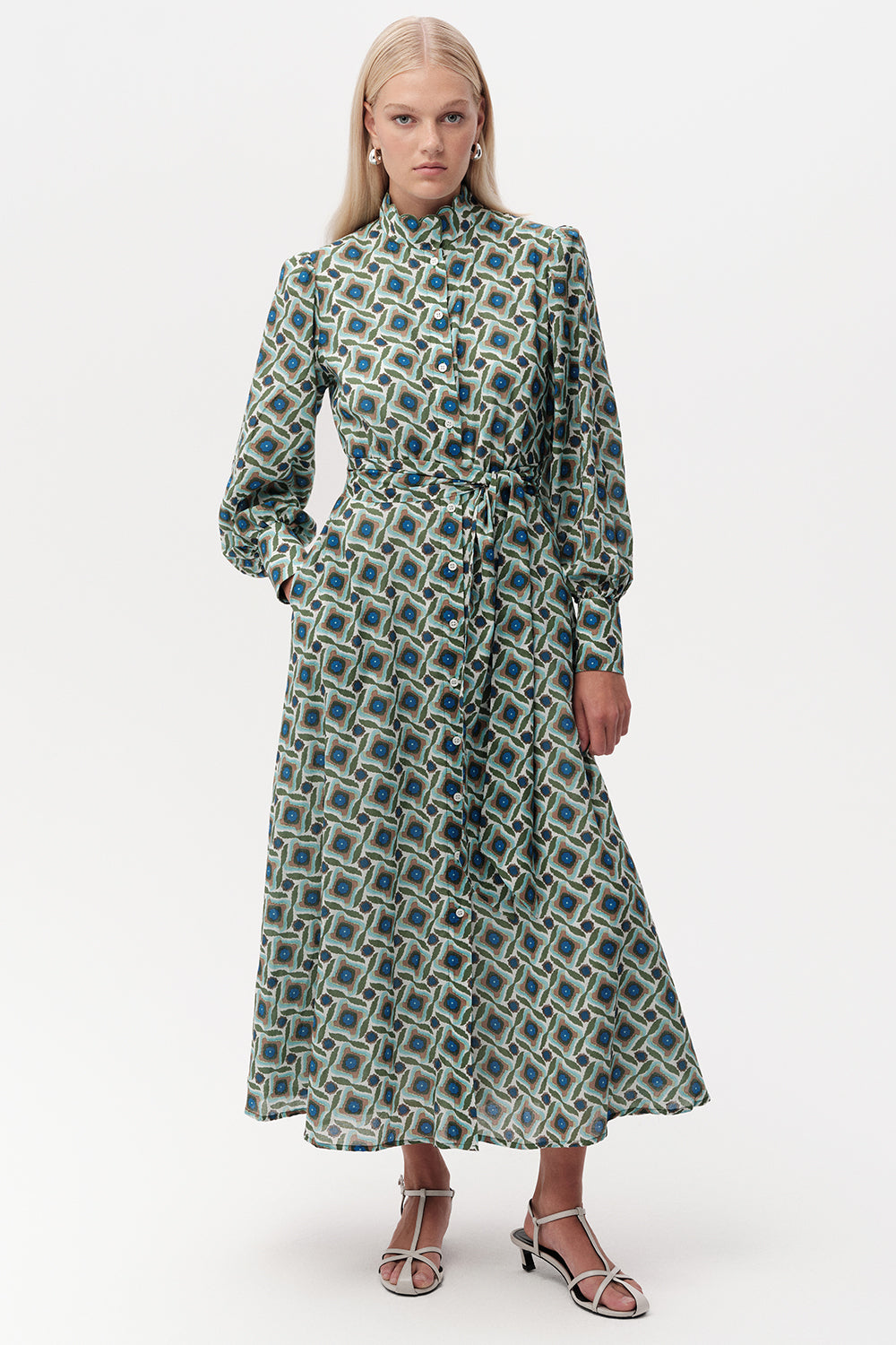 Long Sleeve Embroidered Collar Patterned Midi Dress - MULTI COLOR