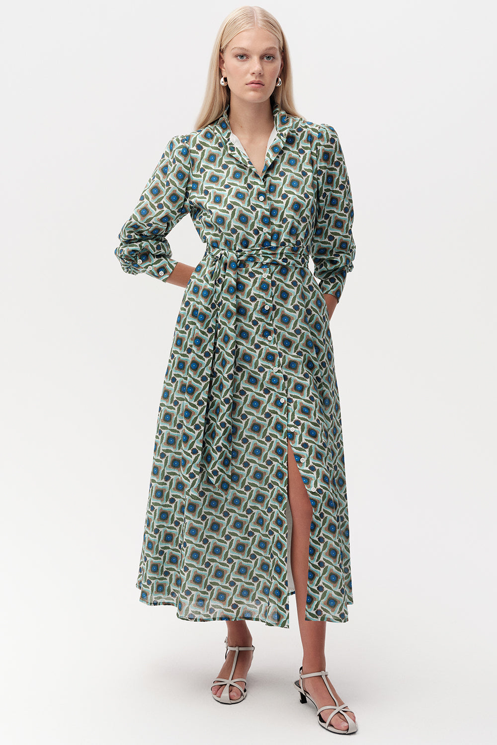 Long Sleeve Embroidered Collar Patterned Midi Dress - MULTI COLOR