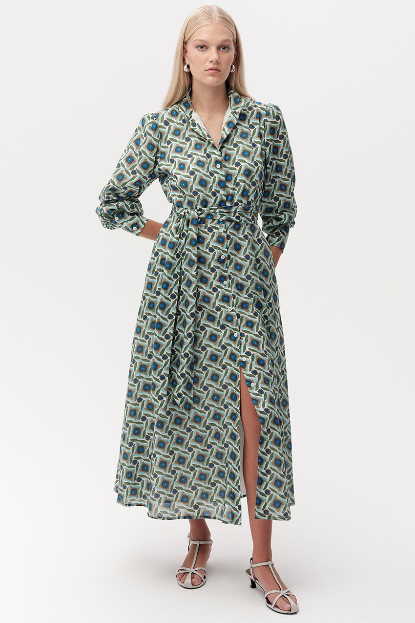Long Sleeve Embroidered Collar Patterned Midi Dress - MULTI COLOR