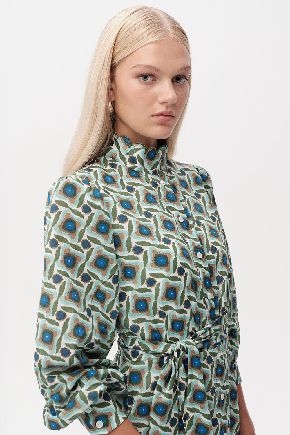 Long Sleeve Embroidered Collar Patterned Midi Dress - MULTI COLOR
