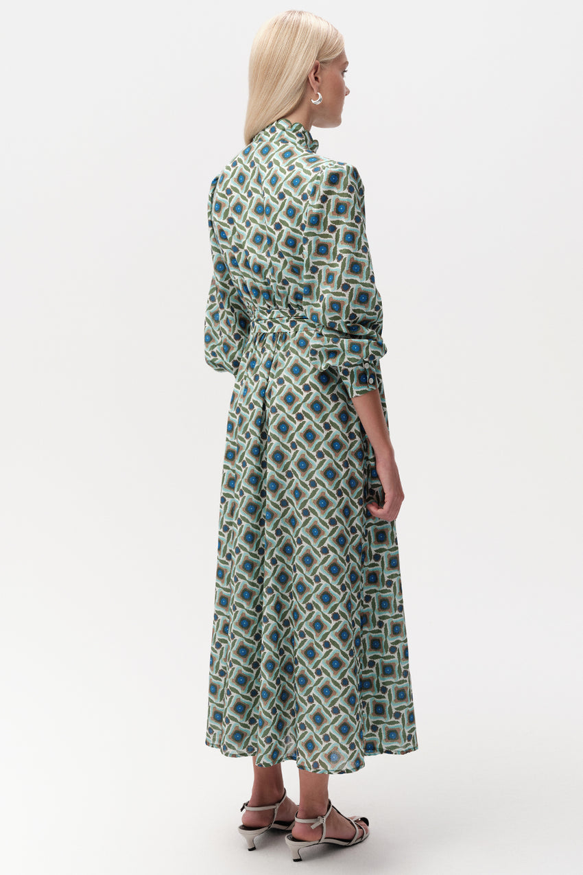 Long Sleeve Embroidered Collar Patterned Midi Dress - MULTI COLOR