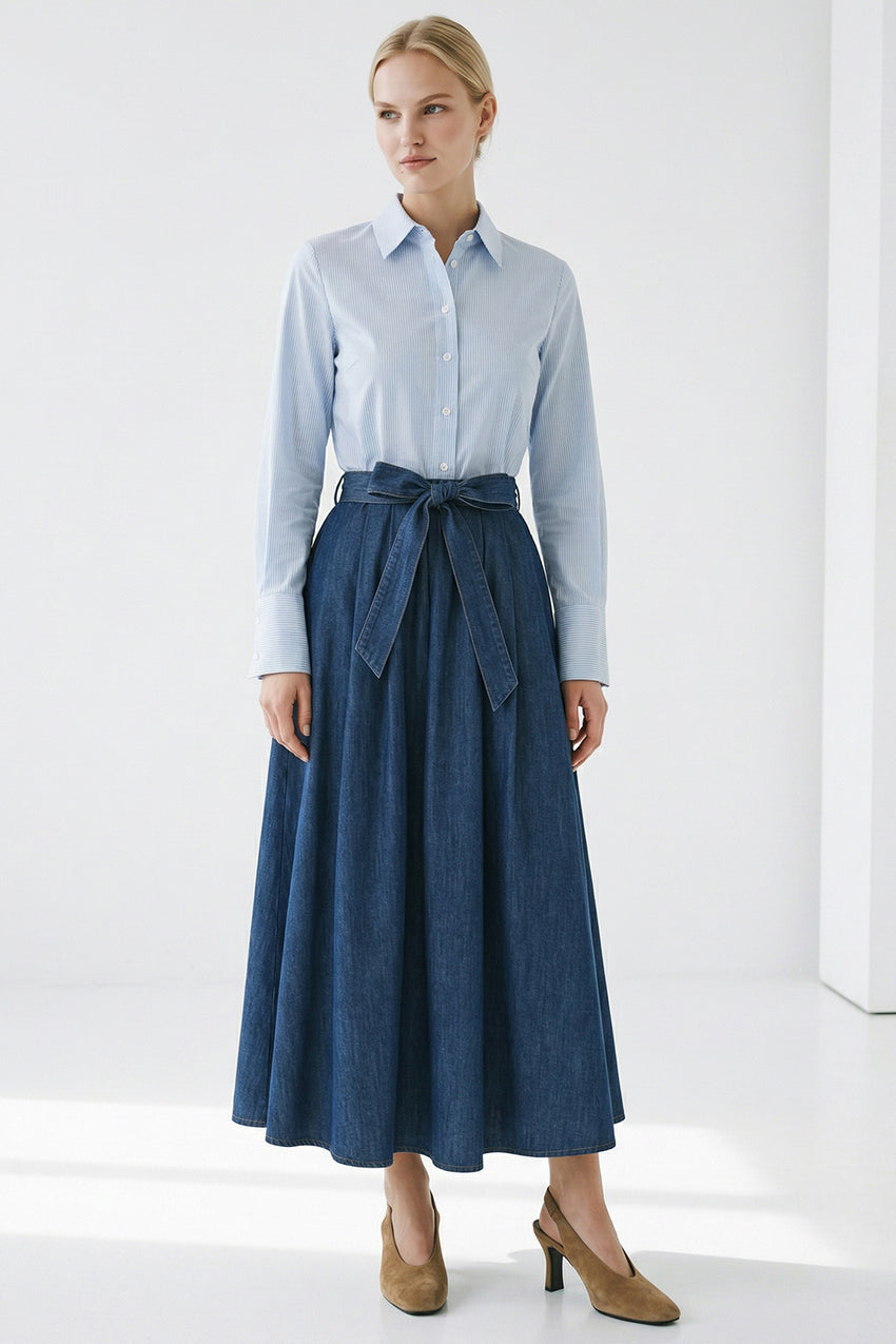 Long Sleeve Belted Denim Detailed Regular Midi Dress - BLUE