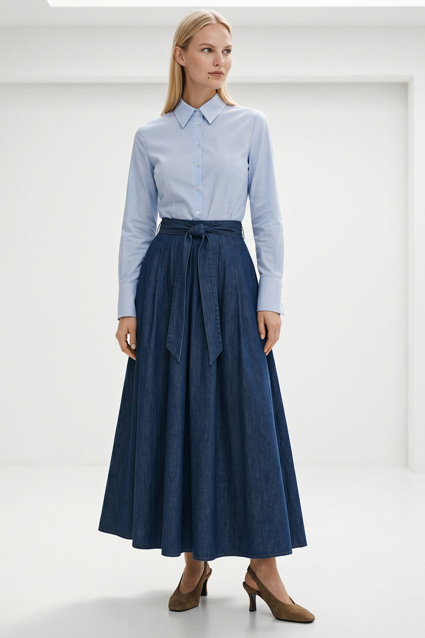 Long Sleeve Belted Denim Detailed Regular Midi Dress - BLUE