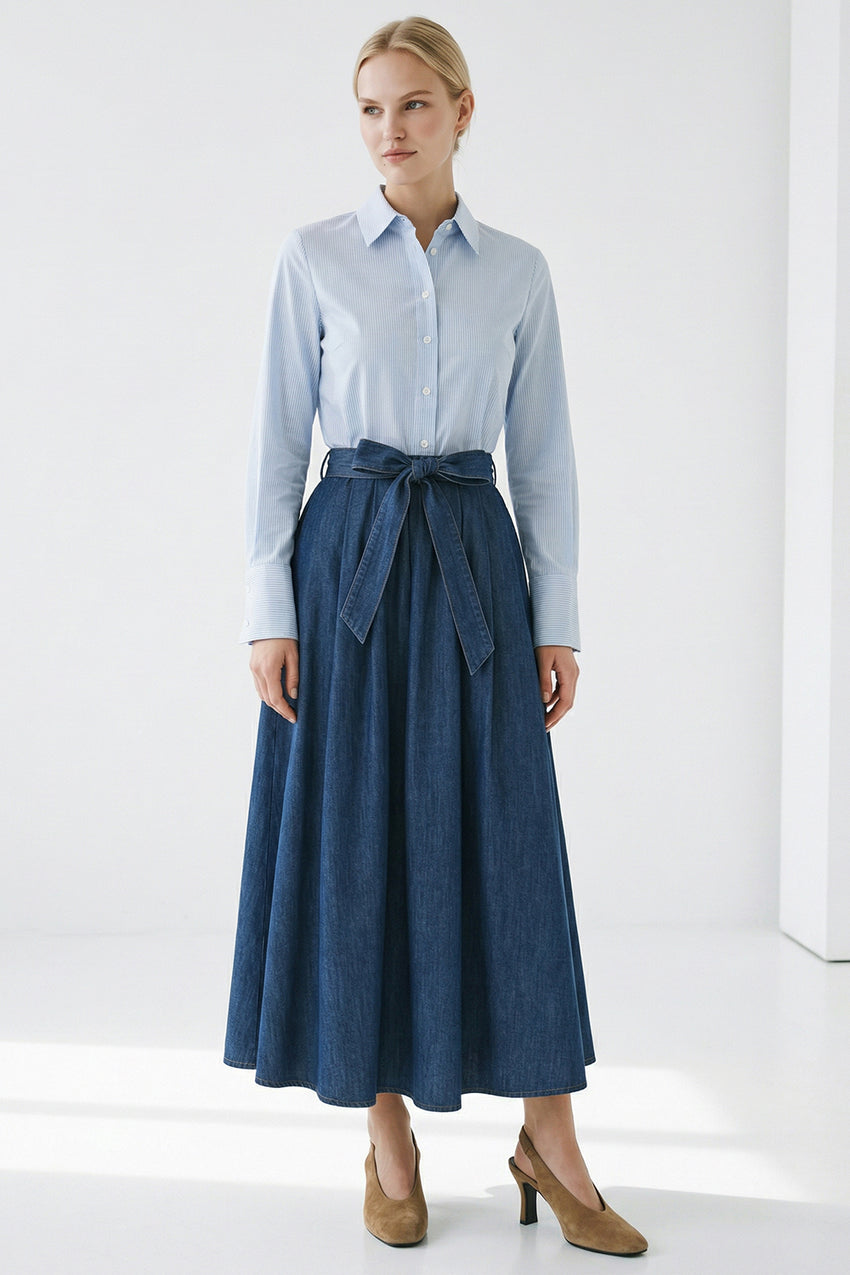Long Sleeve Belted Denim Detailed Regular Midi Dress - BLUE