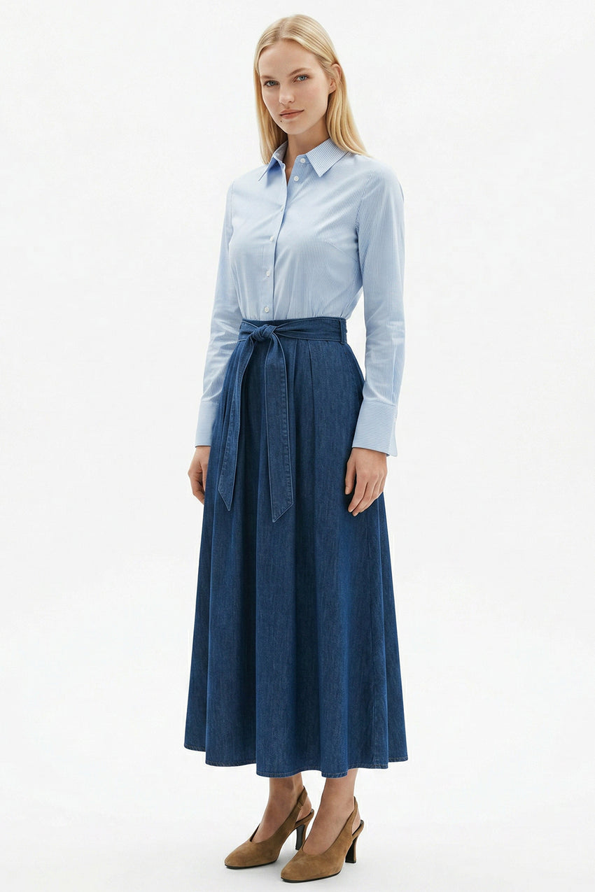 Long Sleeve Belted Denim Detailed Regular Midi Dress - BLUE