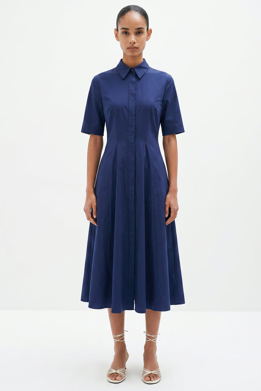 Short Sleeve Fitted Buttoned Midi Dress - NAVY