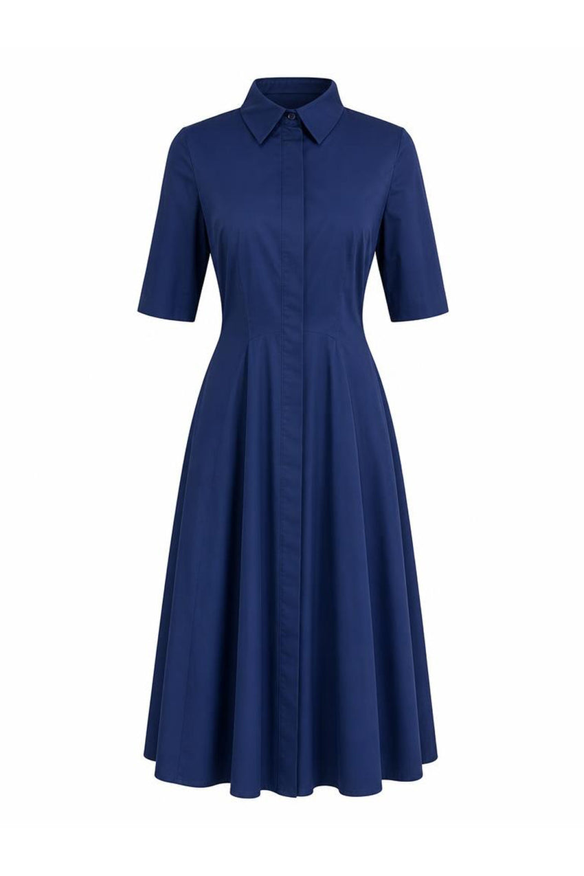 Short Sleeve Fitted Buttoned Midi Dress - NAVY