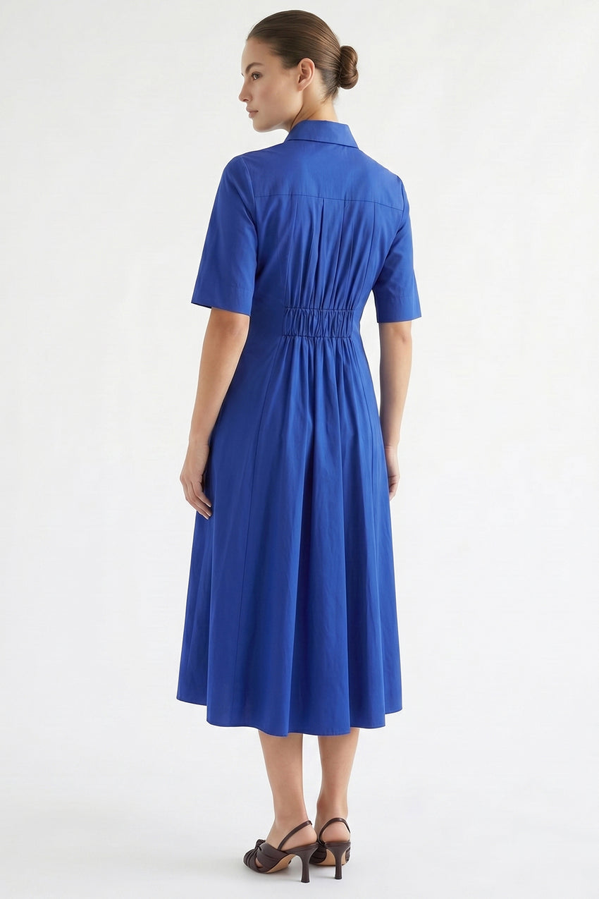 Short Sleeve Buttoned Midi Dress - SAX